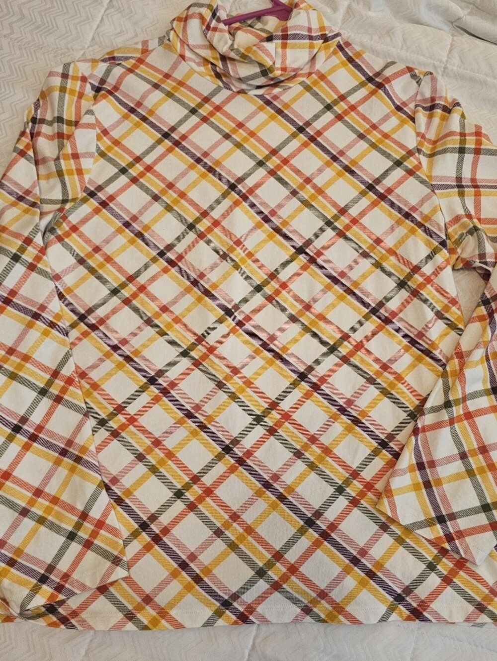 Talbots Plaid Long Sleeve Turtleneck in White, Yellow, Orange, Green, Cranberry
